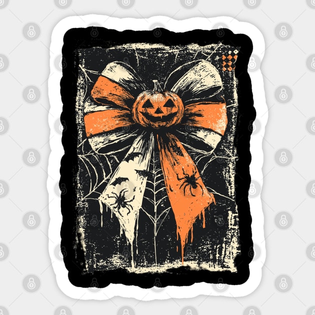 Pumpkin with Coquette Bow Vintage Halloween Retro Distressed Sticker by JessArty